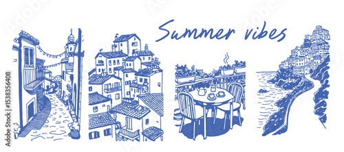 Set of traditional Italian hand drawn style scenes. Summer vacation and Italy tourism