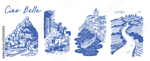 Set of traditional Italian hand drawn style scenes. Summer vacation and Italy tourism