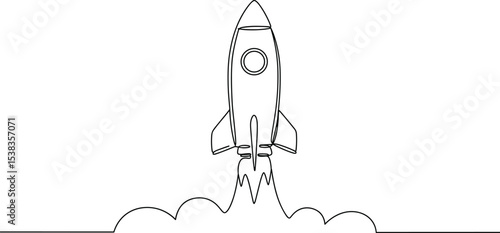 Rocket launch line drawing, minimalist startup concept, business growth symbol, innovation idea illustration, success takeoff sketch, new project beginning, creative vector on white background.