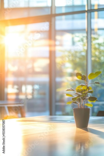Sunlit office interior with a small potted plant on a wooden table near a large window