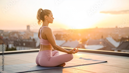 A young woman doing yoga on a rooftop at sunrise