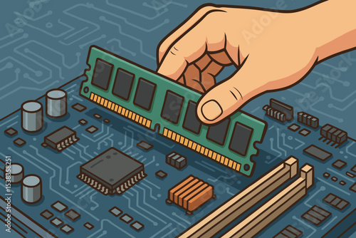 Hand installing RAM memory stick on a computer motherboard. PC hardware upgrade and maintenance concept. IT technician building a custom computer. Electronics repair service. Vector.