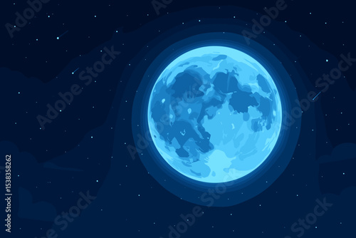 Blue moon vector illustration. Full moon on a dark starry night sky with falling stars. Cartoon celestial background. Magical, fantasy midnight sky with clouds and meteorite shower.