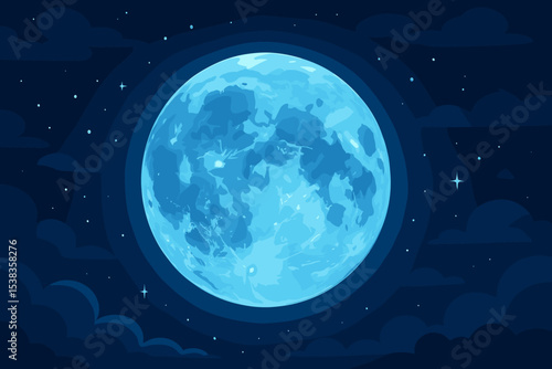 Magical blue moon glowing in a dark starry night sky. Fantasy vector illustration of a full moon with clouds. Serene celestial background for concepts of mystery and astronomy.