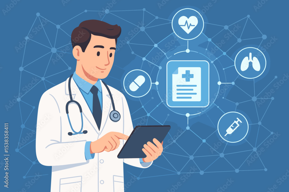 Doctor using tablet for digital healthcare and managing electronic medical records. Telemedicine, technology innovation concept with network of icons for heart, lungs, and medicine. Doctor using tablet for digital healthcare and managing electronic medical records. Telemedicine, technology innovation concept with network of icons for heart, lungs, and medicine.