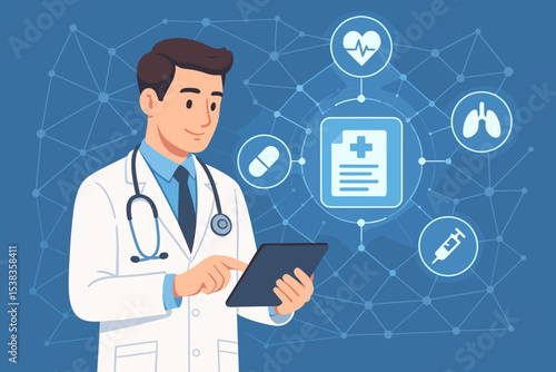 Doctor using tablet for digital healthcare and managing electronic medical records. Telemedicine, technology innovation concept with network of icons for heart, lungs, and medicine.