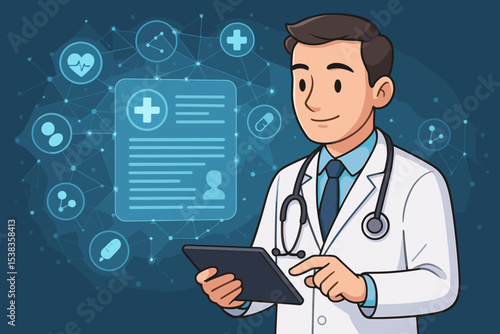 Doctor with tablet. Digital health concept. Telemedicine. Electronic medical record. E-health. Healthcare technology innovation. Physician online consultation. Virtual patient chart.