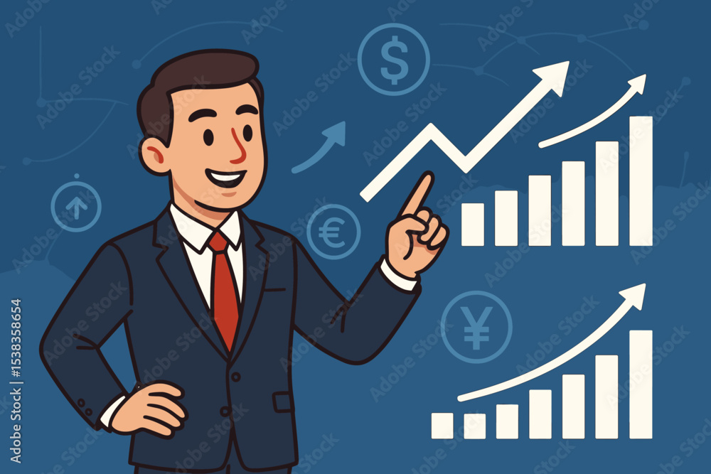Businessman pointing at a financial growth chart. Global business success concept, investment strategy, and stock market analysis. Cartoon vector of economic growth with currency symbols. Businessman pointing at a financial growth chart. Global business success concept, investment strategy, and stock market analysis. Cartoon vector of economic growth with currency symbols.