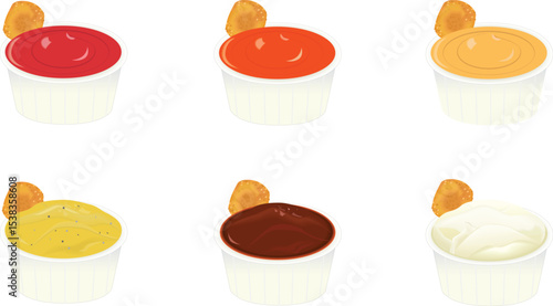 Popular dip sauce eat with fried foods, Dips with Nugget in portion cup-Ketchup, Tomato  Sauce, Chili Sauce, Cheese, Mustard, BBQ  Sauce, Mayonnaise