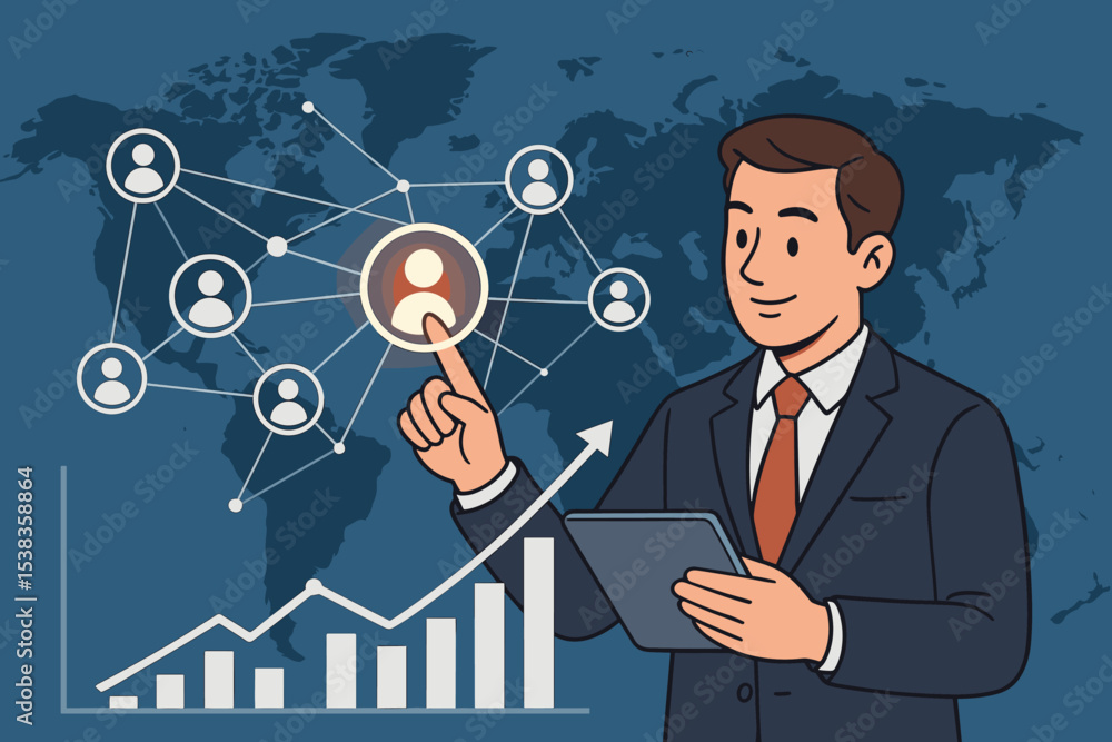 Businessman using tablet for global digital strategy. Manager analyzing data on growth chart. Concept of CRM, human resources, and social networking. International business growth. Businessman using tablet for global digital strategy. Manager analyzing data on growth chart. Concept of CRM, human resources, and social networking. International business growth.