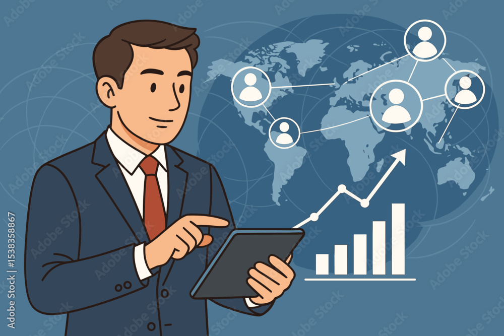 Businessman using tablet for global digital strategy. Corporate manager analyzing financial data with network chart and growth graph on world map background. Concept of success. Businessman using tablet for global digital strategy. Corporate manager analyzing financial data with network chart and growth graph on world map background. Concept of success.