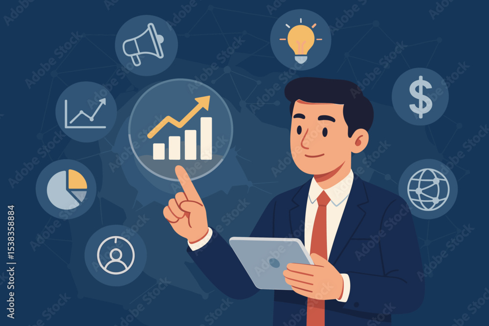 Businessman using a tablet for digital business analysis and financial growth. Vector illustration of data visualization, marketing strategy, and global investment with infographic icons. Businessman using a tablet for digital business analysis and financial growth. Vector illustration of data visualization, marketing strategy, and global investment with infographic icons.