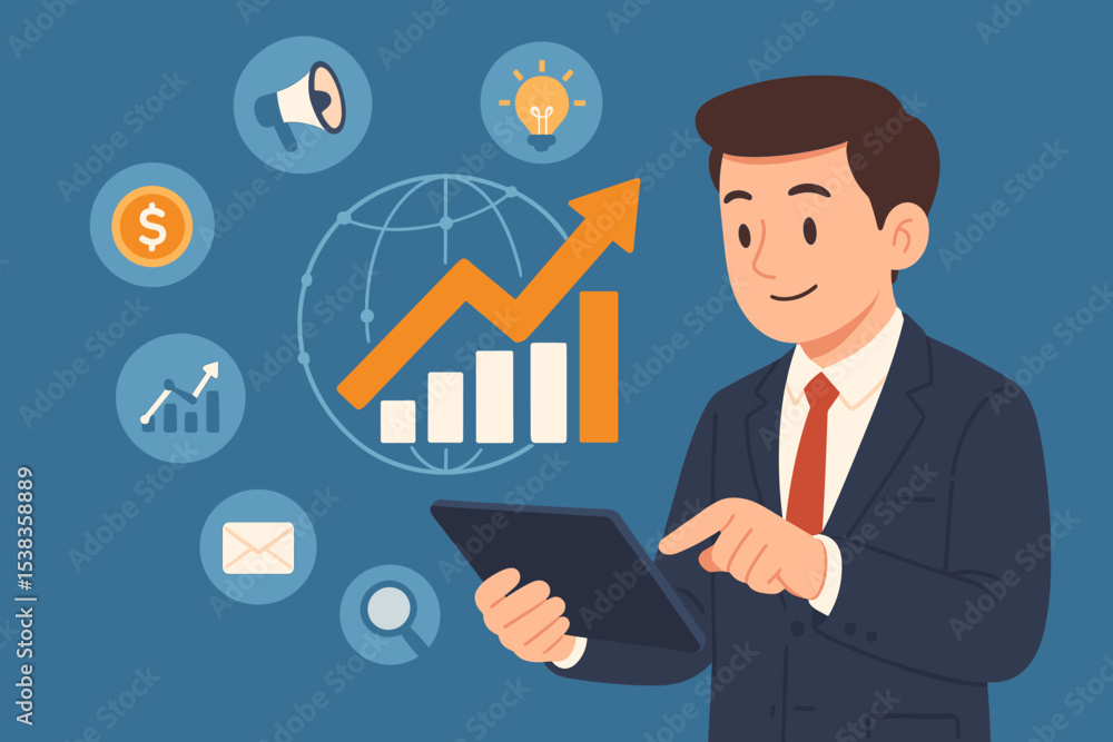 Businessman using tablet for digital business analysis and growth strategy. Concept of financial investment, marketing, and global data management with charts and infographic icons. Businessman using tablet for digital business analysis and growth strategy. Concept of financial investment, marketing, and global data management with charts and infographic icons.