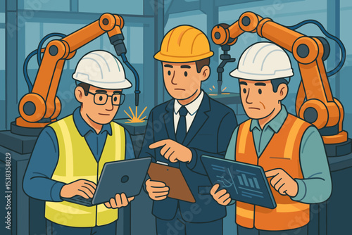 Engineers and manager discussing production data in a smart factory. Teamwork with laptop and tablet overseeing robotic arms. Industrial automation, Industry 4.0 vector concept.