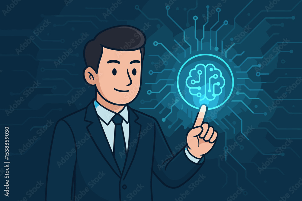 Businessman touching glowing AI brain icon on futuristic circuit board. Concept of artificial intelligence, machine learning, innovation, data science, and neural network technology. Businessman touching glowing AI brain icon on futuristic circuit board. Concept of artificial intelligence, machine learning, innovation, data science, and neural network technology.