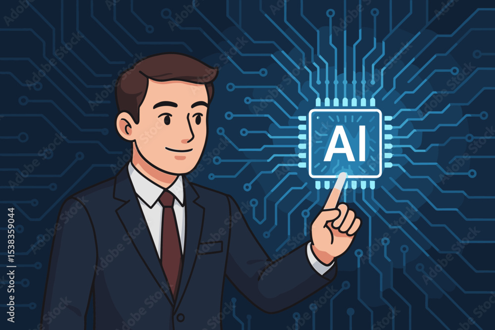 Businessman pointing at glowing AI chip icon. Artificial intelligence, machine learning, neural network concept. Futuristic technology, digital transformation, business automation. Vector. Businessman pointing at glowing AI chip icon. Artificial intelligence, machine learning, neural network concept. Futuristic technology, digital transformation, business automation. Vector.