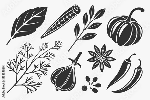 set of black and white vegetables