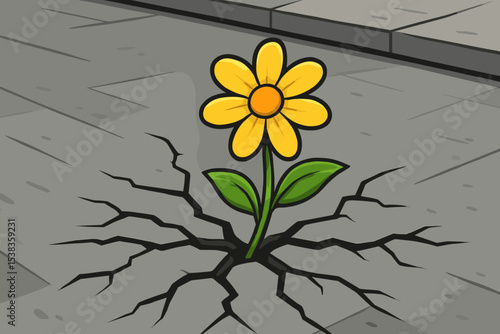 Resilient yellow flower growing through crack in concrete. Metaphor for hope, strength, and survival. New life breaking through pavement. Concept of persistence and overcoming adversity.
