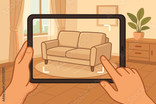 Interior design with augmented reality. User holding tablet placing virtual sofa in living room. AR app for home renovation and furnishing. E-commerce furniture shopping tech.