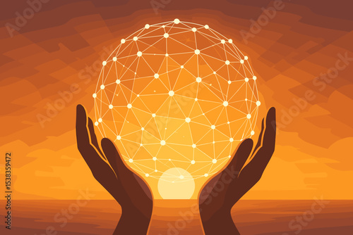 Hands holding a glowing global network sphere. Abstract concept of connection, communication, technology, and data. Metaphor for community, future innovation, and global business.