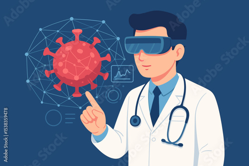 Doctor using virtual reality for medical diagnosis. Male physician in VR headset analyzes a virus hologram. Futuristic healthcare, virology research, and medical technology concept.