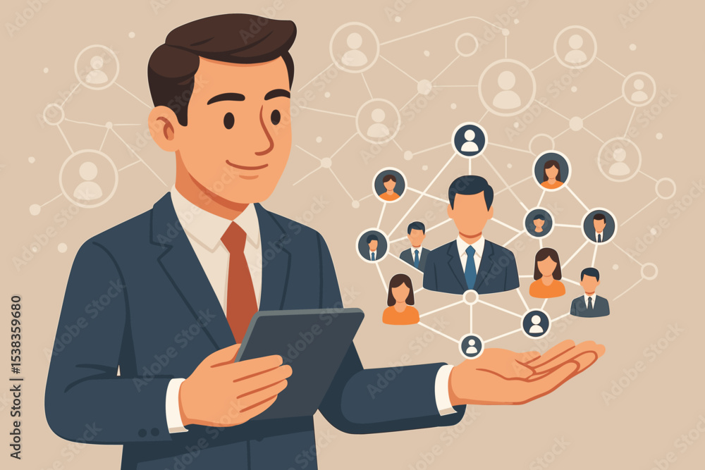 Digital leadership concept with a businessman managing his team. Human resources, corporate communication, and organization structure. Virtual network technology and talent management. Digital leadership concept with a businessman managing his team. Human resources, corporate communication, and organization structure. Virtual network technology and talent management.