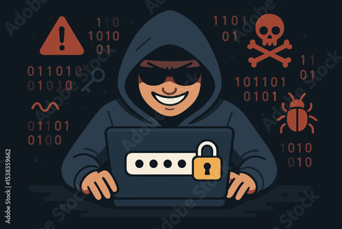 Hacker cybercrime concept illustration. Anonymous man in hoodie at laptop. Cybersecurity threat, password theft, phishing scam, virus, malware, data breach, digital infiltration.