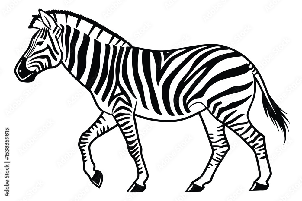 Obraz premium The isolated zebra with black stripes gracefully walks on a white background