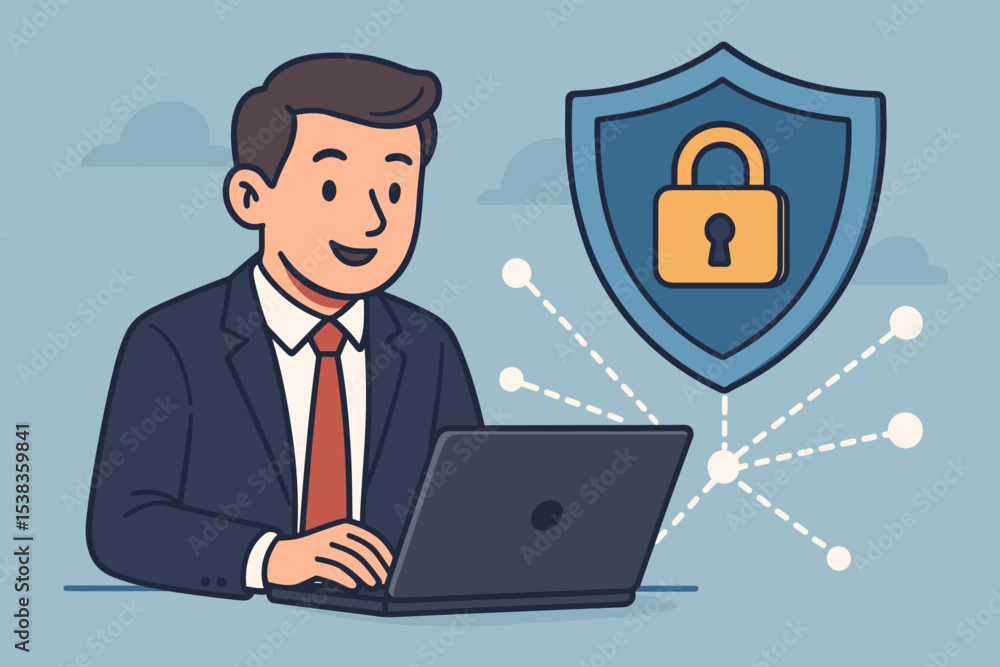 Businessman working on a laptop with a cybersecurity shield. Concept of data protection, online network security, internet privacy, and information technology. Secure access illustration. Businessman working on a laptop with a cybersecurity shield. Concept of data protection, online network security, internet privacy, and information technology. Secure access illustration.