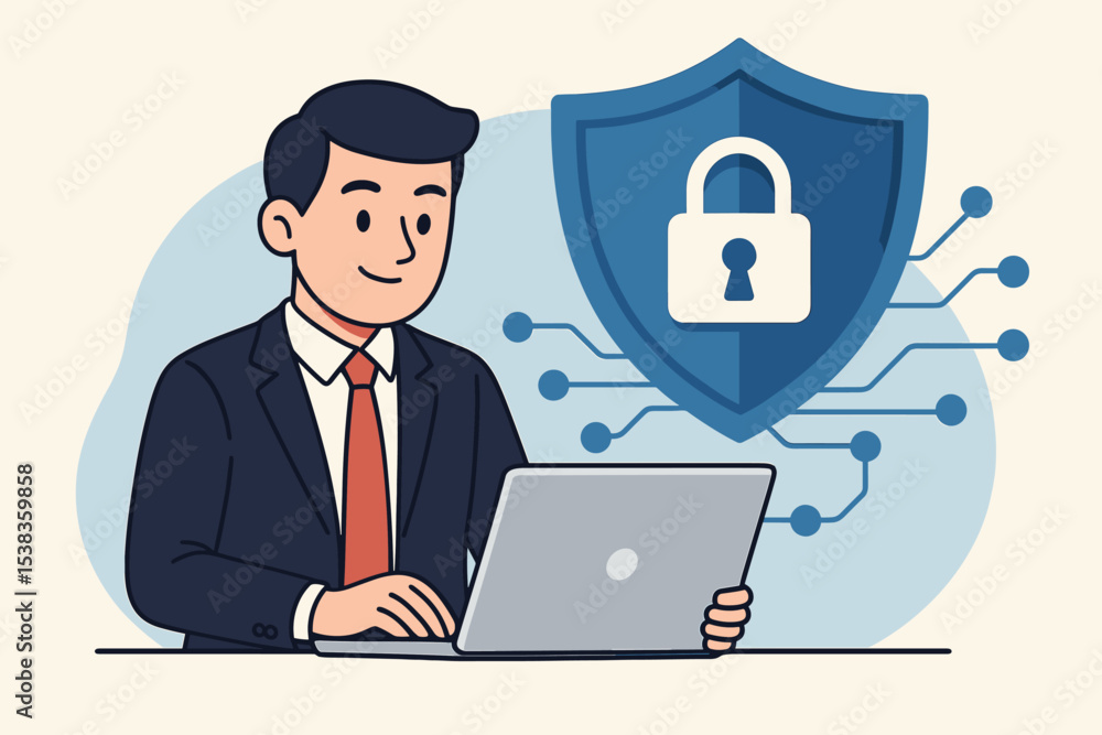 Businessman working on laptop with cybersecurity shield. Data protection and information privacy concept. Network security, internet safety, and secure technology vector illustration. Businessman working on laptop with cybersecurity shield. Data protection and information privacy concept. Network security, internet safety, and secure technology vector illustration.