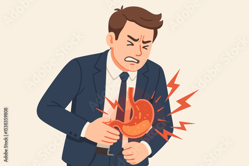 Businessman suffering from stomach ache. Man with indigestion, gastritis, or acid reflux holding his belly. Concept of digestive system disease, abdominal pain, and heartburn.