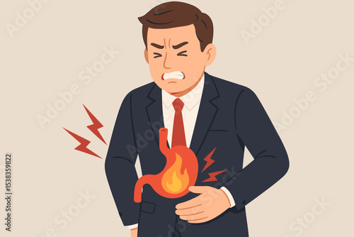 Businessman suffering from stomach ache and severe abdominal pain. Concept of indigestion, heartburn, and acid reflux. Gastritis, ulcer, and stomach problems vector illustration.