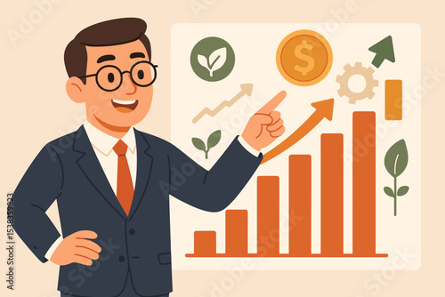 Businessman presents growth strategy. Financial expert giving presentation with bar chart showing profit increase. Concept of investment, economy, market analysis, and ESG.