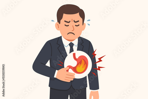 Businessman suffering from stomach ache, heartburn, and indigestion. Man with abdominal pain from acid reflux or gastritis. Health problem, gastrointestinal disease concept vector.