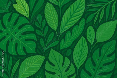 Tropical leaves seamless pattern. Lush green jungle foliage background. Exotic botanical vector illustration with monstera and palm leaf for summer wallpaper, fabric print design.