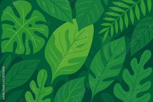 Lush green tropical leaves background. Dense jungle foliage with monstera and palm leaf. Exotic summer nature concept. Botanical vector illustration for wallpaper and pattern design.