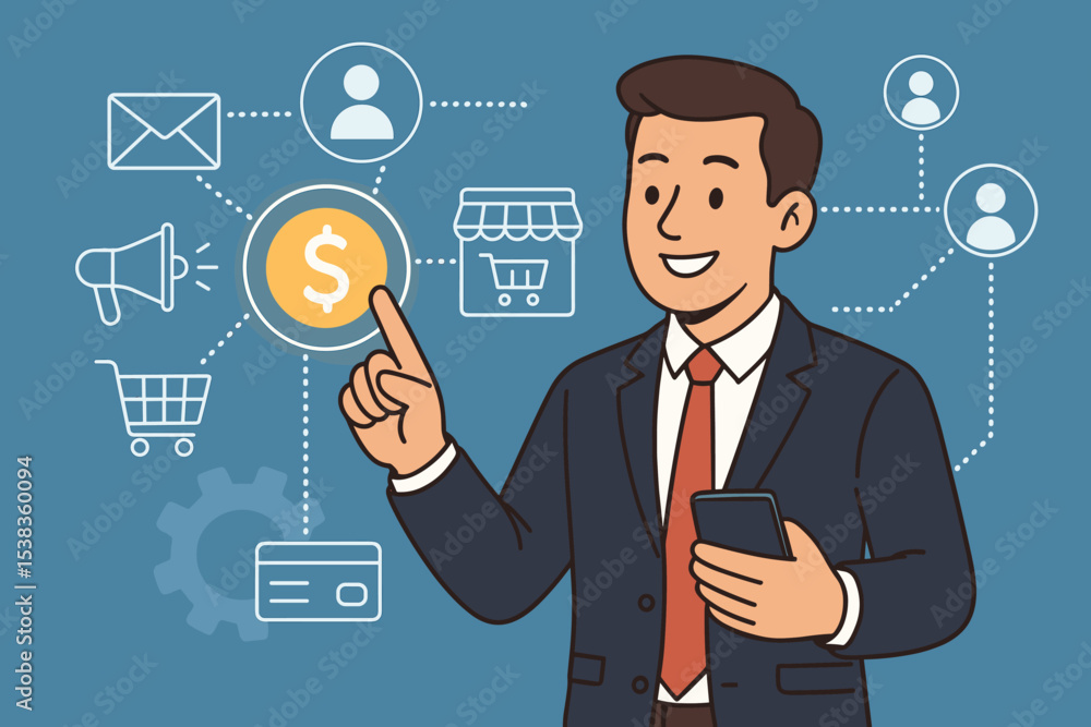 Businessman managing digital marketing strategy and e-commerce on a smartphone. Vector concept of online sales, customer journey, advertising, finance, and return on investment. Businessman managing digital marketing strategy and e-commerce on a smartphone. Vector concept of online sales, customer journey, advertising, finance, and return on investment.