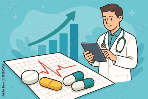 Doctor analyzing medical data on a tablet. Healthcare business growth concept with pharmaceutical industry report, EKG chart, pills and upward graph. Digital health technology.