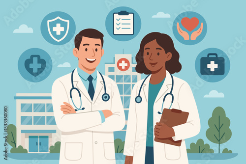 Diverse medical team of doctors, man and woman, standing outside hospital building. Healthcare professionals concept with medical icons for clinic, care, insurance, and treatment.