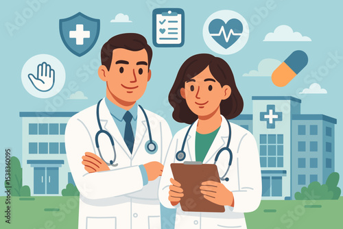 Medical team concept with doctors at the hospital. Male and female health care professionals with icons for insurance, cardiology, treatment, and diagnosis. Clinic service flat vector illustration.