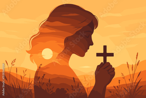 Religious woman praying with a cross at sunset. Double exposure silhouette of a Christian praying. Concept of faith, hope, spirituality, worship, and devotion to God.