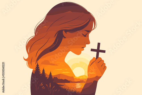 Praying woman silhouette with double exposure of a nature sunrise. Christian girl holding cross, a concept of faith, hope, spirituality, and prayer to God. Religious vector art.