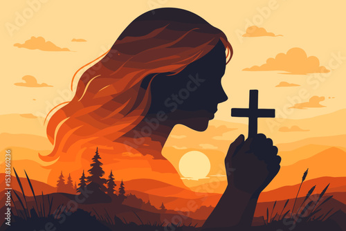 Christian woman praying silhouette holding a cross. Double exposure with a nature landscape at sunset. Vector illustration concept of faith, hope, spirituality, and religion.