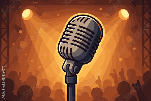 Vintage microphone on stage in spotlight. Live music concert or festival concept. Show with crowd silhouette. Entertainment, performance, broadcast, or stand-up comedy vector.