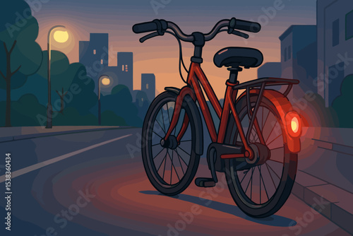 Bicycle parked on a city street at sunset or dawn. Urban landscape with a glowing rear safety light. Concept of eco-friendly transport, bike sharing, and healthy commuting.