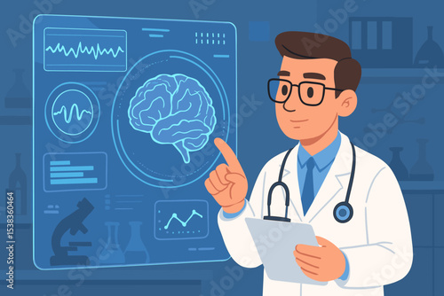 Doctor neurologist analyzing brain scan on a futuristic virtual screen. Medical research concept. Scientist in a lab coat studies brain waves and EEG data for diagnosis. Healthcare technology.