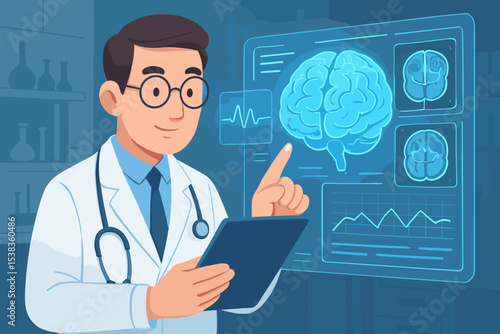 Doctor neurologist analyzing brain scan on futuristic virtual screen. Medical innovation, neurology diagnostics concept. Scientist character studying brainwaves, MRI on a tablet.