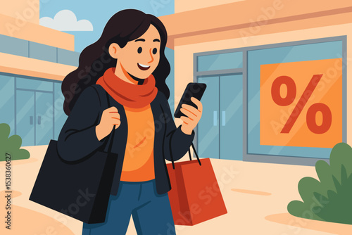 Woman shopping during a Black Friday sale. Happy customer with bags using her smartphone for online deals in front of a store with a percent sign. Retail and discount concept vector.