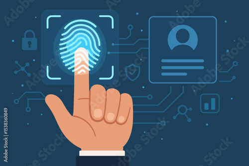 Fingerprint scan for biometric authentication and security access control. Hand touching digital scanner for identity verification. Cybersecurity, data protection, privacy, and login concept.
