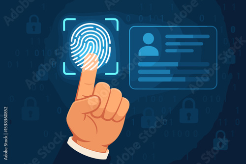 Fingerprint scan for security access. Biometric authentication concept. Hand touching digital screen for data protection. Cybersecurity, privacy and identity verification technology.